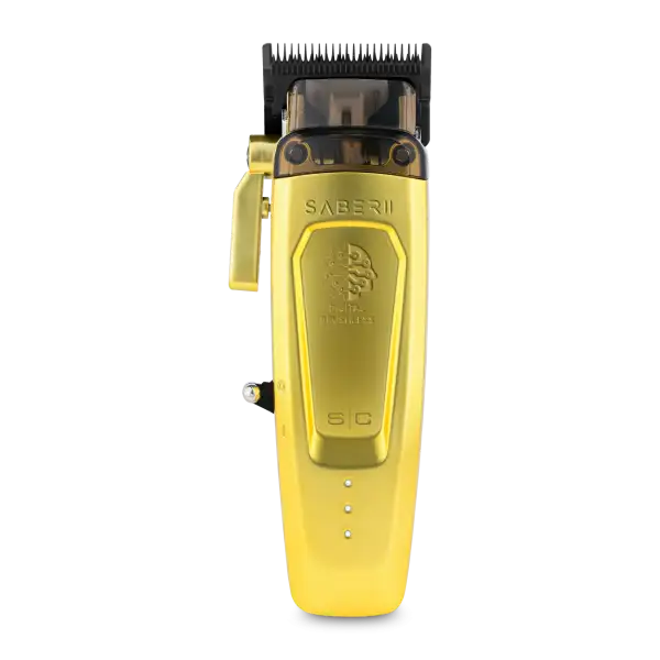 "StyleCraft Saber 2.0 Gold Clipper: Professional cordless clipper with 7,200 RPM motor, titanium blade, and ergonomic metal housing."