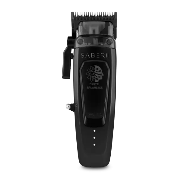 "StyleCraft Saber 2.0 Black Clipper: Precision cordless clipper with 7,200 RPM motor, titanium blade, and ergonomic metal housing."