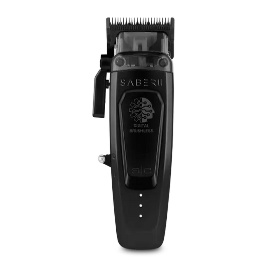 "StyleCraft Saber 2.0 Black Clipper: Precision cordless clipper with 7,200 RPM motor, titanium blade, and ergonomic metal housing."