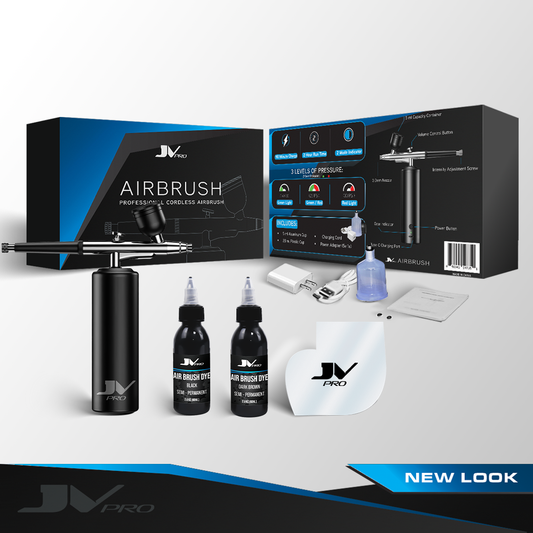 JV PRO Airbrush Kit with 2oz dyes, clear stencil, cordless design, and adjustable PSI for precise results.