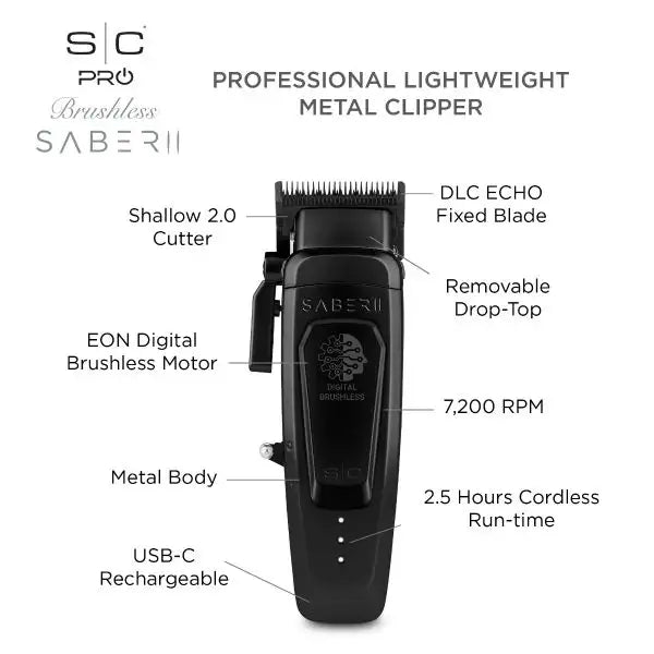 STYLE CRAFT SABER 2 CLIPPER - PROFESSIONAL CORDLESS MODULAR HAIR CLIPPER WITH HIGH-TORQUE DIGITAL BRUSHLESS MOTOR IN BLACK