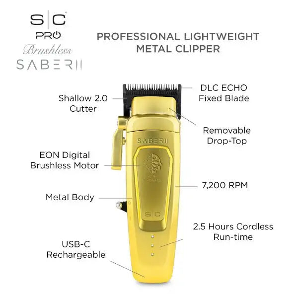 STYLE CRAFT SABER 2 CLIPPER - PROFESSIONAL CORDLESS MODULAR HAIR CLIPPER WITH HIGH-TORQUE DIGITAL BRUSHLESS MOTOR IN GOLD