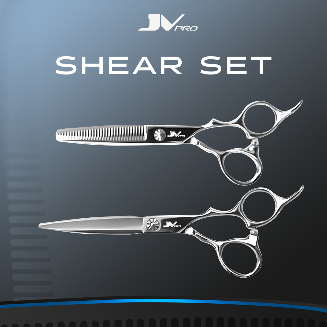 “JV PRO Shear Set featuring premium Japanese 440C steel, designed for professional hair cutting precision.”