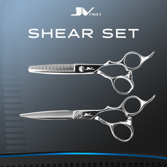 “JV PRO Japanese 440C Shear Set featuring professional hair cutting and thinning scissors with ergonomic design.”