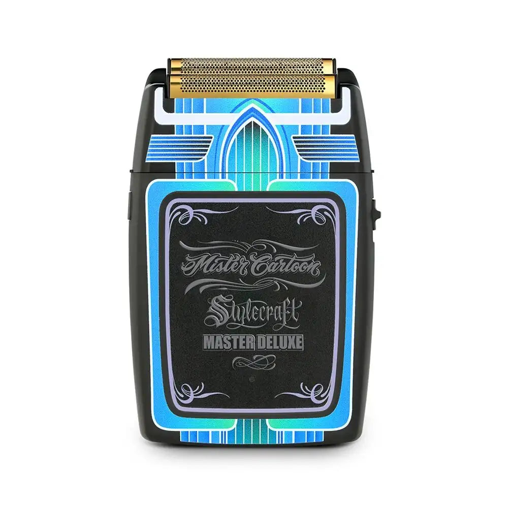 "StyleCraft Rebel Mister Cartoon Shaver: Gold titanium foils, USB-C charging, 11,000 RPM motor, and lightweight ergonomic design."