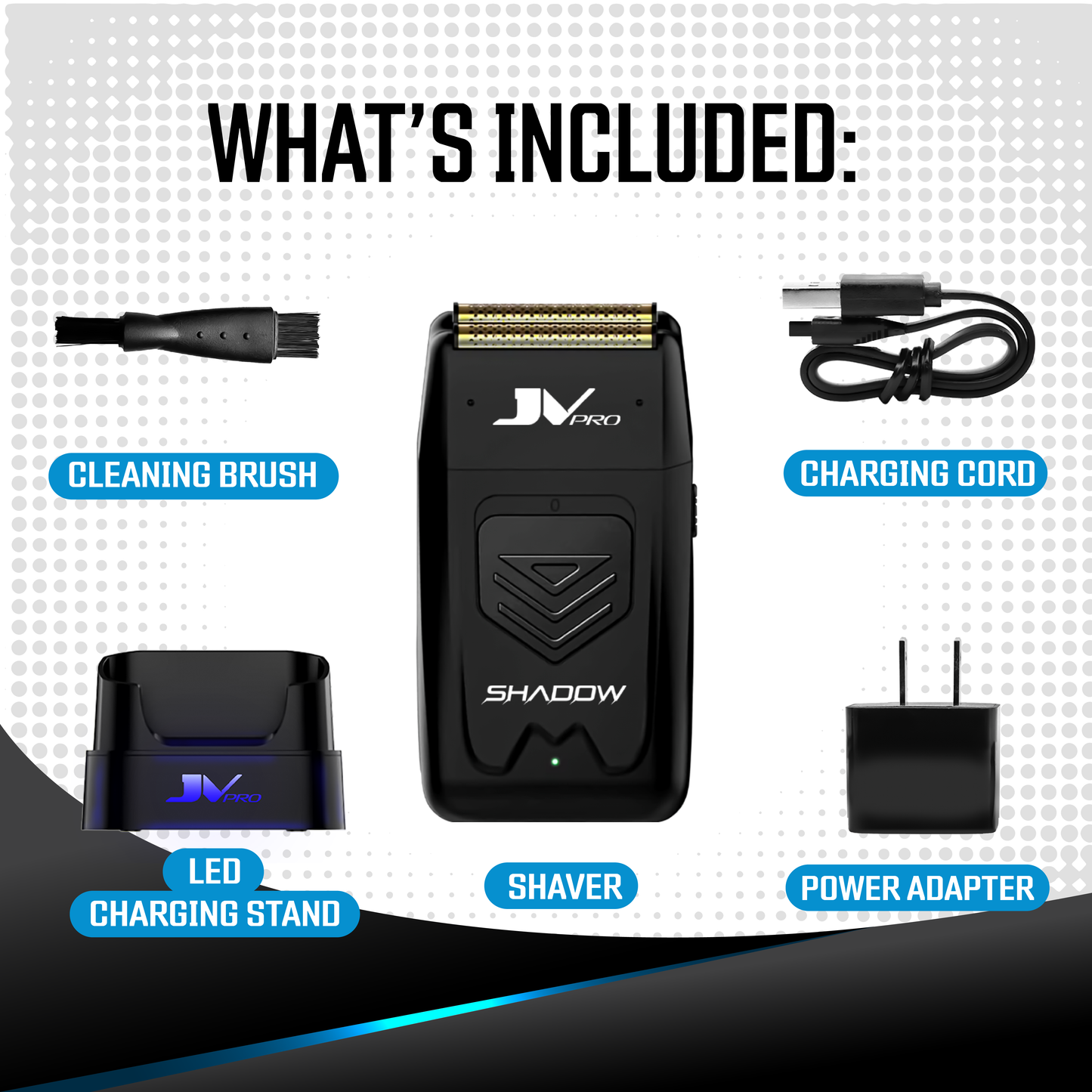 Compact JV-JV electric shaver with charger, perfect for on-the-go grooming.