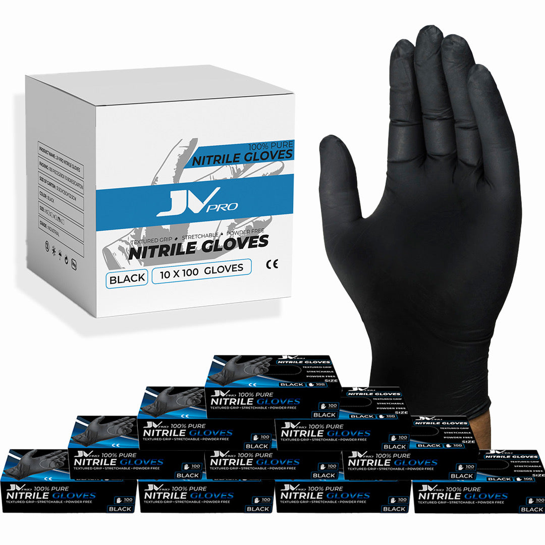 “JV PRO Black Nitrile Gloves 10x100 case, latex-free and powder-free for professional use.”