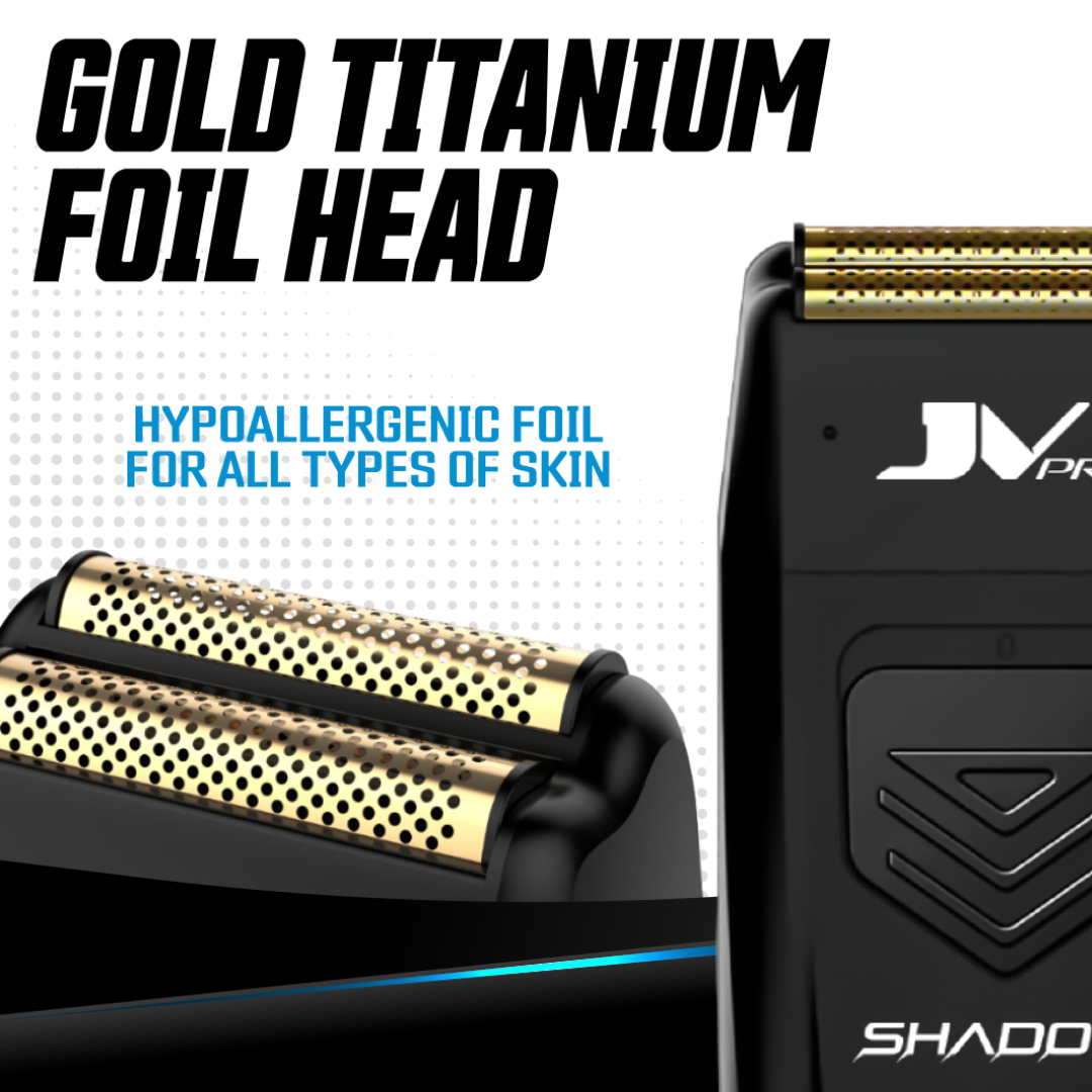 A shiny gold electric razor titanium foil head casting a shadow.